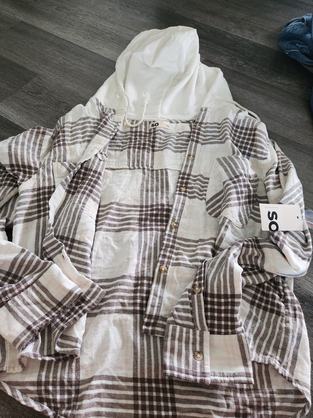 Sonoma Cream and Brown Plaid Hooded Button-Down Shirt Laege NWT Juniors